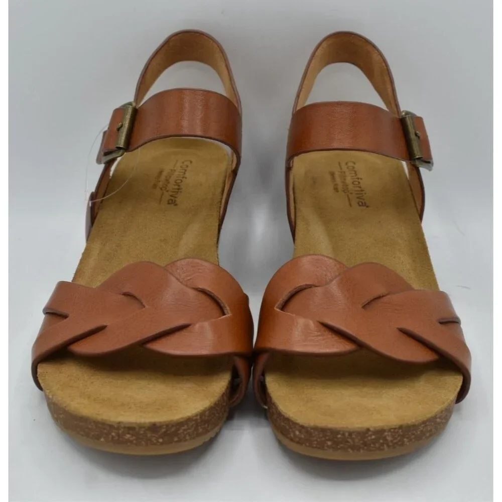 Comfortiva‎ Womens Size 9 Erena Luggage Leather Wedge Sandals Shoes